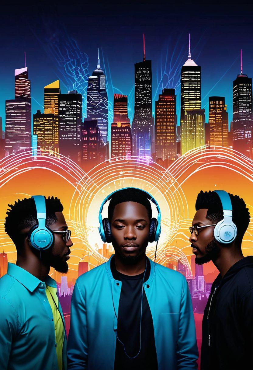 A dynamic scene depicting a diverse group of podcasters engaging with each other in a vibrant environment, surrounded by sound waves and digital elements representing podcasting. Include glowing, interconnected podcast logos floating around, symbolizing exchange and collaboration. The background showcases a city skyline with headphones integrated into the architecture, reflecting innovation and community. super-realistic. vibrant colors. digital art.