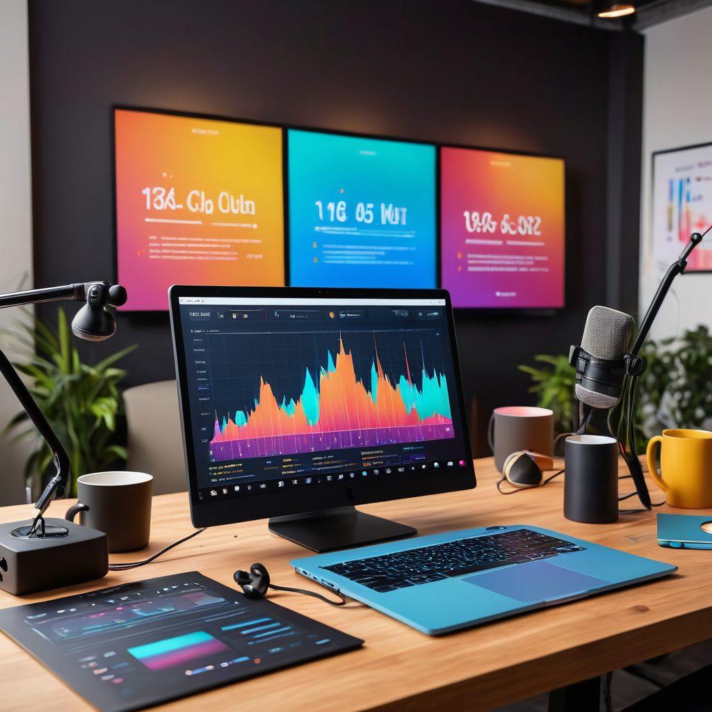 A dynamic scene showcasing diverse podcasters collaborating in a modern studio filled with microphones, headphones, and colorful sound waves visually representing audio. Incorporate elements like laptops, notepads, and coffee cups to highlight brainstorming. The background features a large digital display with charts and graphs symbolizing podcast distribution. super-realistic. vibrant colors. modern design.