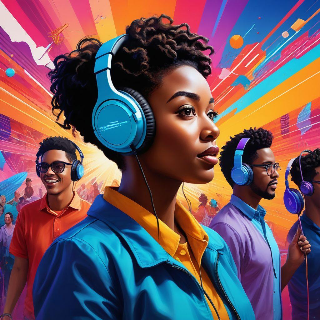 A vibrant and dynamic scene showing podcast hosts exchanging microphones in a lively community setting, surrounded by colorful soundwave graphics symbolizing their connection. Add elements of diverse individuals engaging in conversation, with headphones around their necks, representing the essence of podcast swapping. Include visuals of various podcast logos floating above them, radiating energy and inclusion. vibrant colors. 3D. digital art.